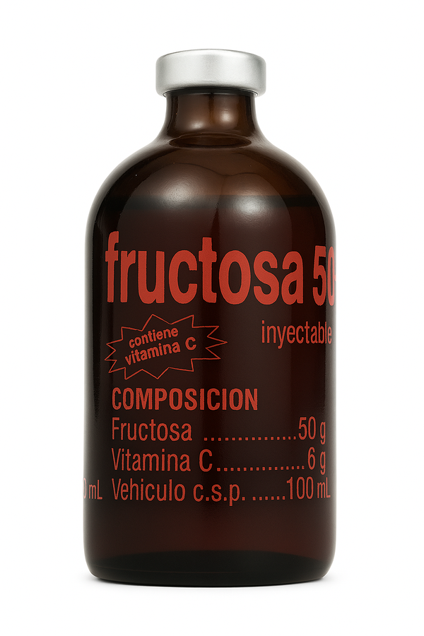 FRUCTOSA 50R injectable energy supplement for horses and camels with 50g fructose and 6g vitamin C in 100ml veterinary bottle.
