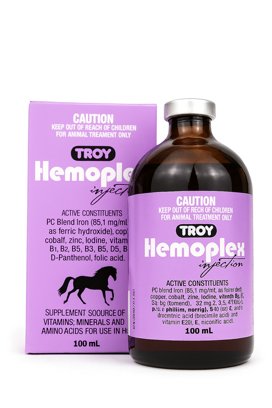 HEMOPLEX | هيموبلاكس veterinary supplement for horses and camels, 100ml injection bottle with box, rich in vitamins and amino acids.