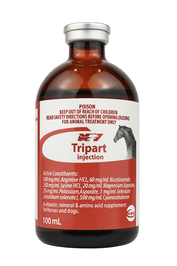 TRIPART 100mL injection for horses and dogs, featuring amino acids, vitamins, and minerals for muscle support and energy boosting.
