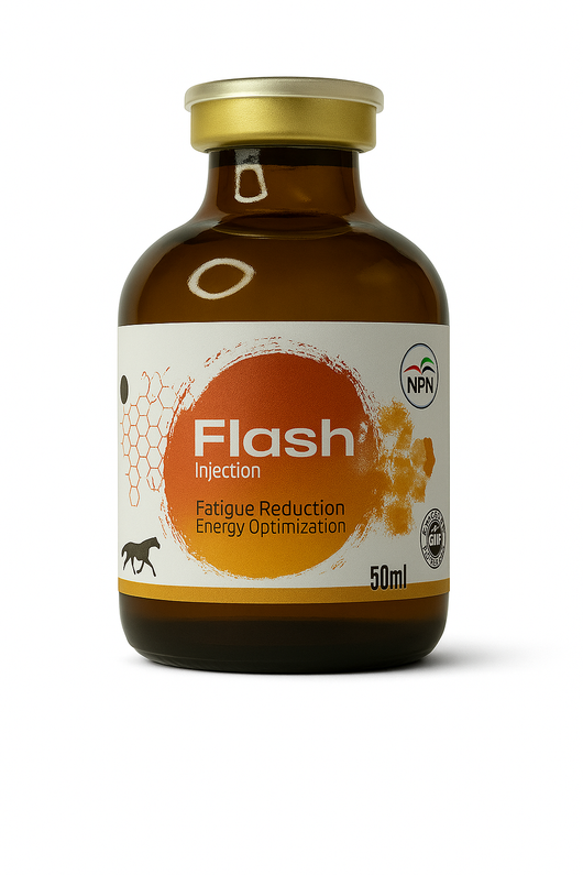 Flash 50ml NPN injectable supplement bottle for horses and camels. Promotes fatigue reduction and energy optimization with veterinary-grade formula.