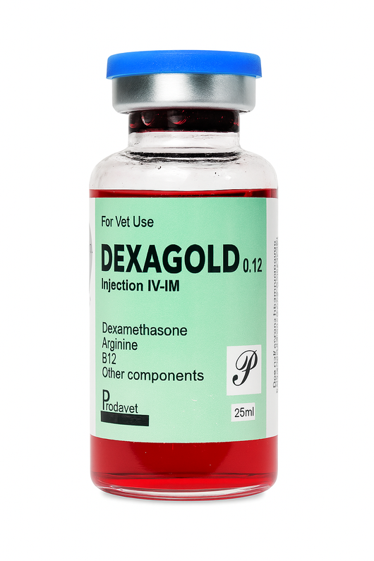 DEXAGOLD 0.12 veterinary injection with Dexamethasone, Arginine, and B12 for treating bacterial infections in animals. 25ml vial for IV-IM use.