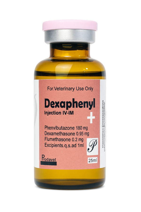 DEXAPHENYL broad-spectrum antibiotic injection for animals, 25ml vial with phenylbutazone, dexamethasone, and flumethasone for veterinary use.