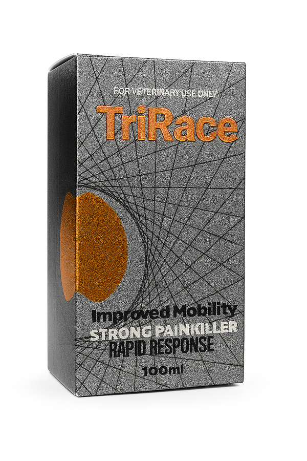 TriRace veterinary injectable solution box for horses and camels, offering rapid pain relief and improved mobility, 100ml packaging.