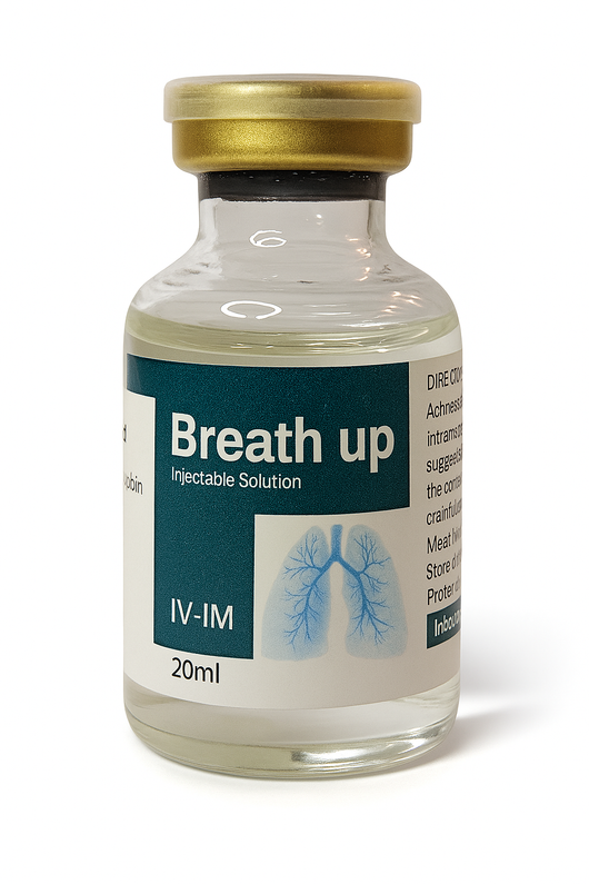 BREATH UP injectable solution 20ml for camel and horse respiratory support, featuring saffron-based supplement for enhanced breathing performance.