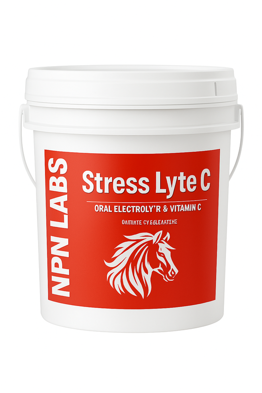 Stress Lyte C - Electrolyte Supplement for Livestock in a white bucket with red label, ideal for camels and horses to support hydration and recovery.