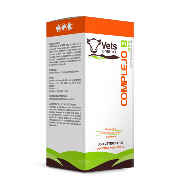 Complejo B Extra - B Vitamin Complex Injection for animals by Vets Pharma, supports metabolism and recovery in livestock and pets. 250 ml veterinary use.