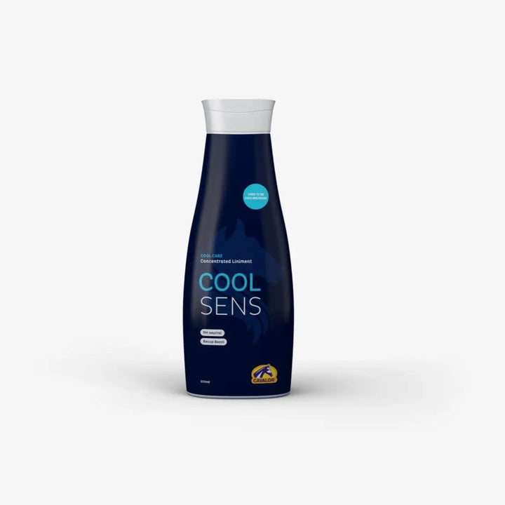 COOLSENS concentrated liniment in a 500ml bottle, designed for horses to soothe muscles and provide a refreshing, invigorating sensation.