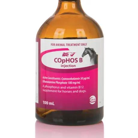 COpHOS B Injection 100mL bottle for horses and dogs, a vitamin B12 and phosphorus supplement to improve muscle function and recovery.