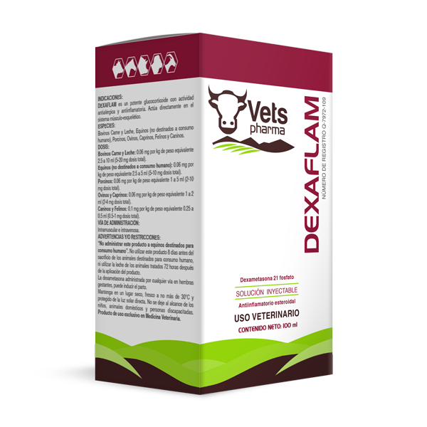 Dexaflam veterinary injectable solution for anti-inflammatory relief in animals like dogs, cats, horses, and cattle. 100 ml pet supplement box.