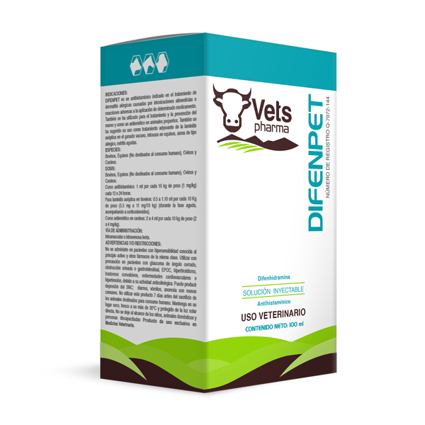 Difenpet - Antihistamine for Animals | Allergy Relief pet supplement box for veterinary use, 100 ml injectable solution for allergy symptoms.