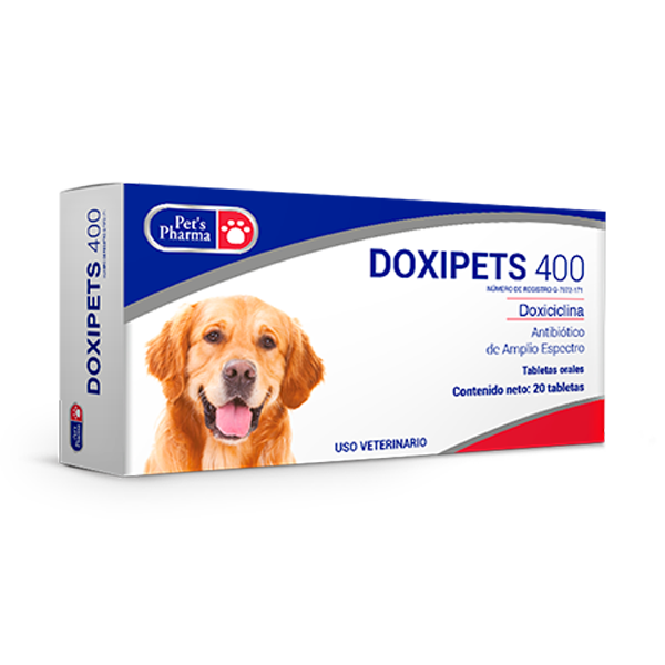 Doxipets 400 - Doxycycline for Dogs and Cats broad-spectrum antibiotic supplement in 20-tablet box for treating respiratory and skin infections.