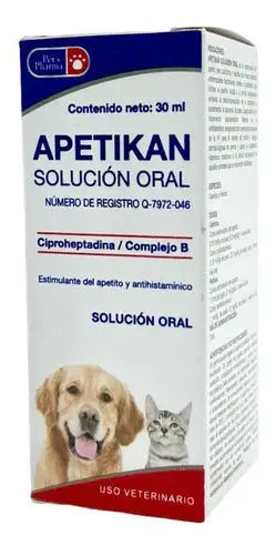 Apetikan Oral Solution 30ml box for pets, featuring a dog and cat image. Appetite stimulant and antihistamine ideal for pet digestion problems.