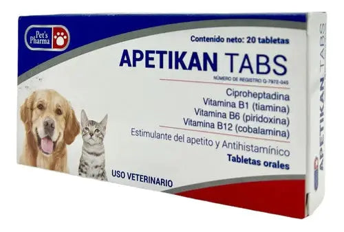Apetikan Tabs pet supplement box with dog and cat image. Vet-recommended appetite stimulant with vitamins B1, B6, B12 and cyproheptadine.