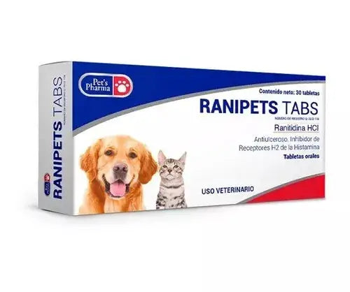 Pet's Pharma Ranipetstabs packaging showing ranitidine tablets for pet acid reflux relief. Veterinary use for dog and cat gastrointestinal health.