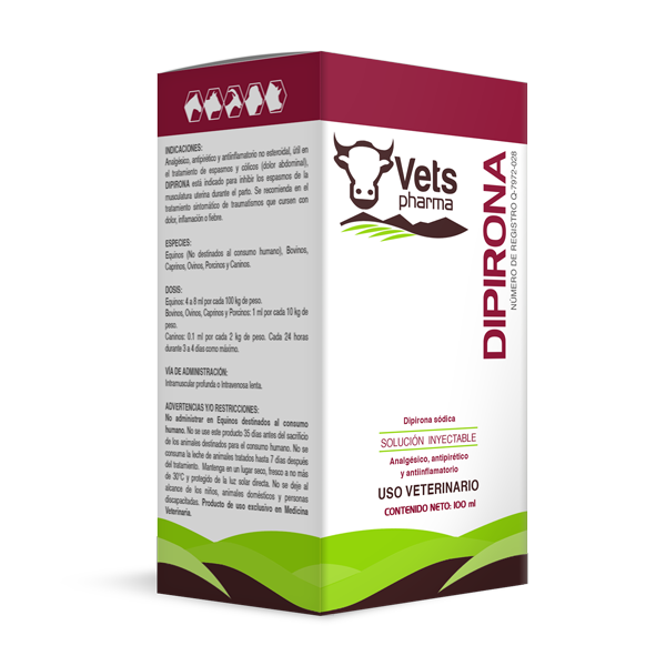 Dipirona Pain Relief veterinary injectable solution by Vets Pharma for treating fever and inflammation in horses, cattle, goats, swine, and dogs.