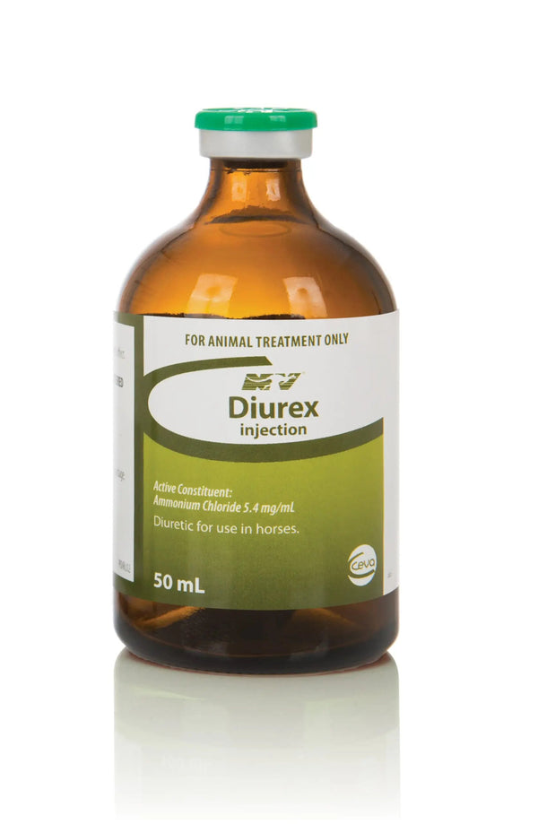 Diurex Injection 50mL bottle for horses, used to reduce swelling from fluid retention. Camel and horse supplement with ammonium chloride.