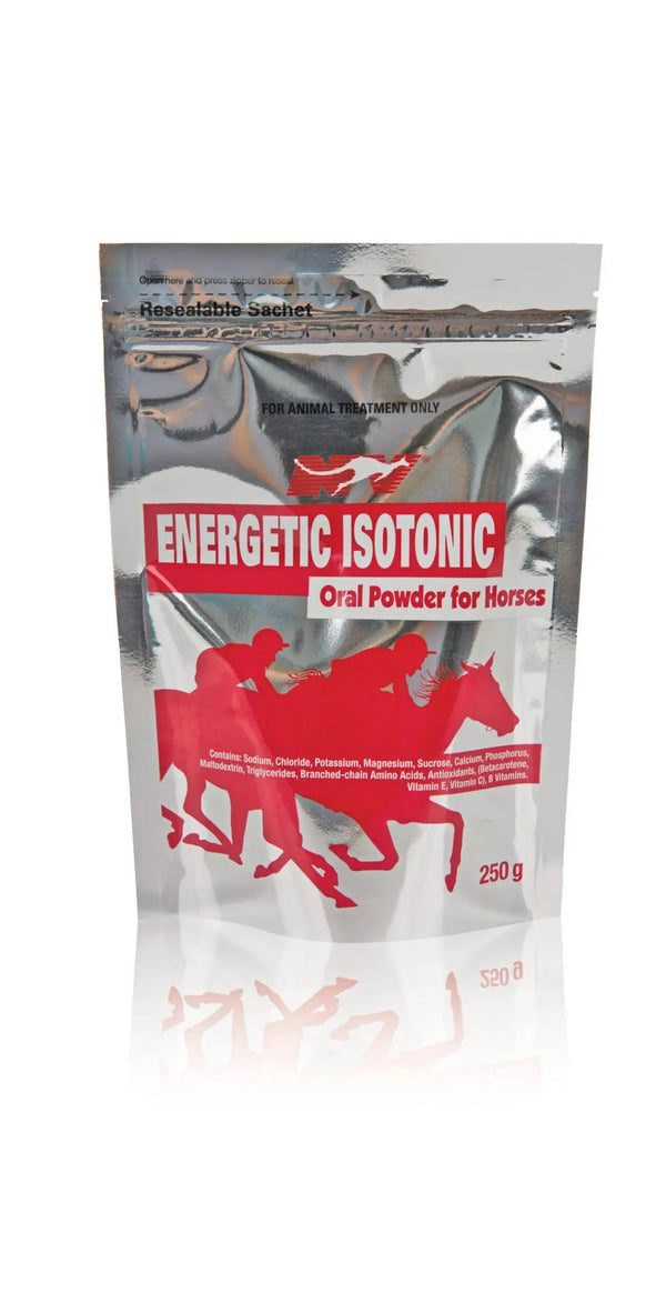 ENERGETIC ISOTONIC POWDER for horses in a 250g resealable sachet, featuring a balanced formula of electrolytes and carbohydrates for muscle recovery.