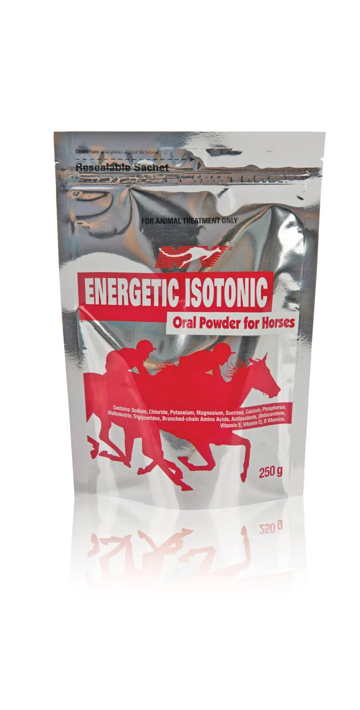 ENERGETIC ISOTONIC POWDER for horses in a 250g resealable sachet, featuring a balanced formula of electrolytes and carbohydrates for muscle recovery.