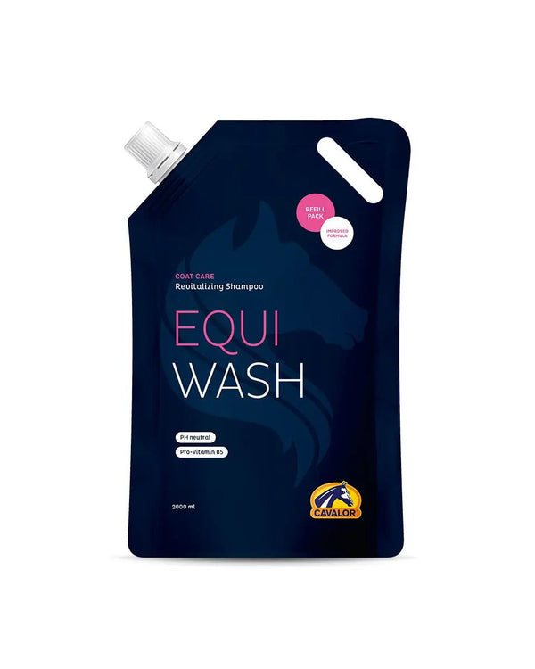 Cavalor Equi Wash refill pack for horses, 2000 ml vet-grade shampoo with pro-vitamin B5 for a healthy, gleaming coat. Ideal for equine grooming needs.