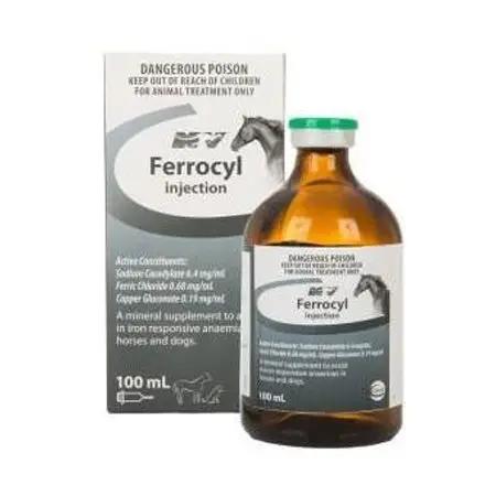 Ferrocyl Injection 100mL bottle and packaging for camels and horses, recommended for iron deficiency anemia recovery in animals.
