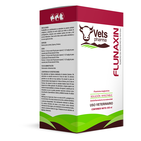 Flunaxin injectable solution by Vets Pharma for pain relief in cattle and horses. Anti-inflammatory treatment for musculoskeletal and respiratory issues.