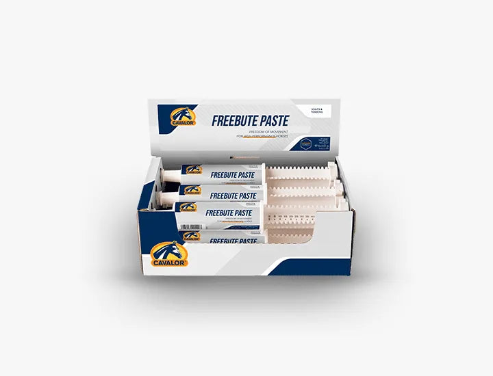 Retail display box of Cavalor Free Bute Paste syringes, formulated to support equine joint and muscle health for optimal performance.