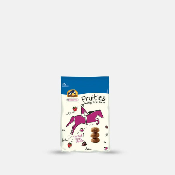 Fruities horse treats with berry flavor in a white and blue resealable bag, enriched with vitamins A, D, E for digestion and immune support.