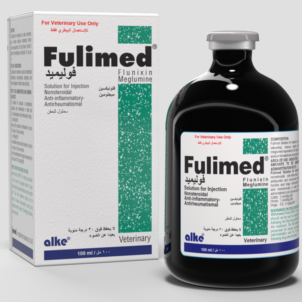 Fulimed Injectable Solution – Pain Relief for Animals, 100ml veterinary bottle and box with flunixin meglumine for anti-inflammatory treatment.