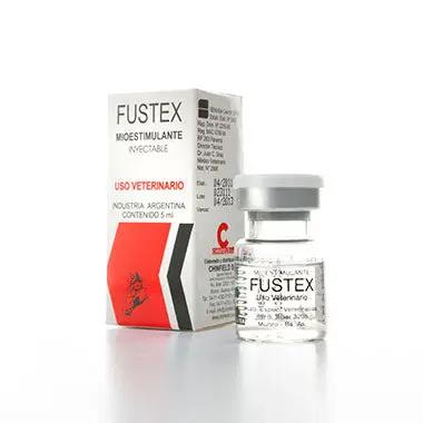 FUSTEX Equine Muscle Activator injectable supplement for camels and horses, 5ml vial with box packaging. Enhances muscle performance and recovery.