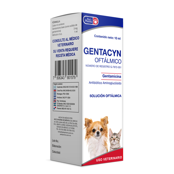 Gentacyn Oftalmico - Gentacyn Eye Drops for Pets, 10ml antibiotic solution for treating bacterial eye infections in cats and dogs. Prescription required.