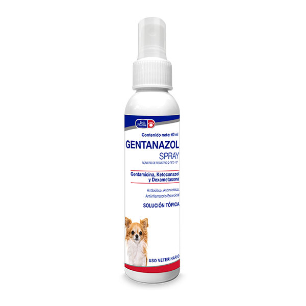 Gentanazol Spray for Dermatitis in pets, 60ml topical solution for fast itch relief and treatment of bacterial and fungal skin infections in dogs and cats.