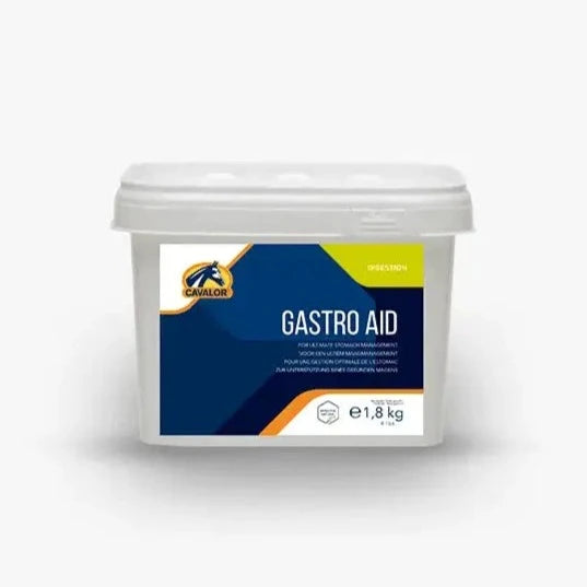 Cavalor Gastro Aid Powder 1.8kg container for horses, supports digestive comfort and helps manage equine ulcers and stomach issues.