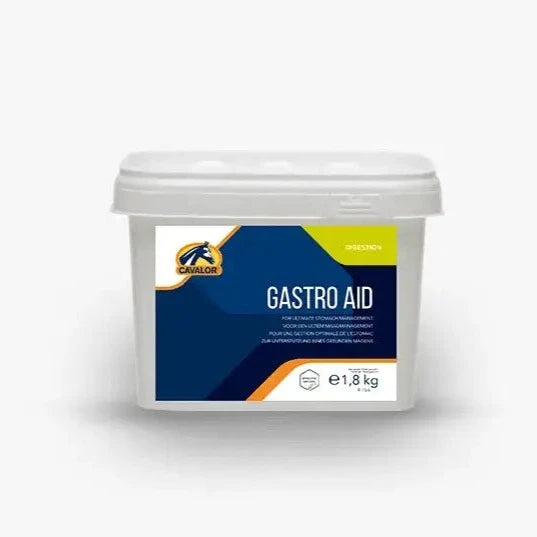 GASTRO AID POWDER by Cavalor in 1.8kg tub, veterinarian-recommended supplement for horse gastrointestinal and digestion problems.