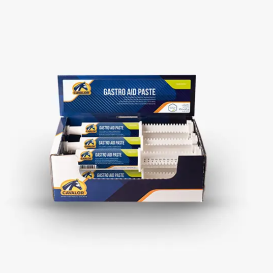 Box of Cavalor GASTRO AID PASTE syringes for treating horse and camel gastrointestinal issues and promoting digestive wellness.