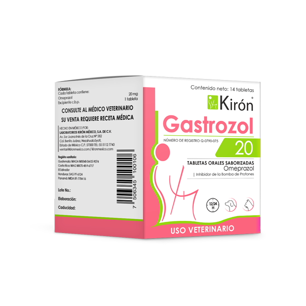 Gastrozol 20 by Kirón, 14 flavored tablets for pets with gastrointestinal issues like acid reflux and NSAID-induced gastric erosion.