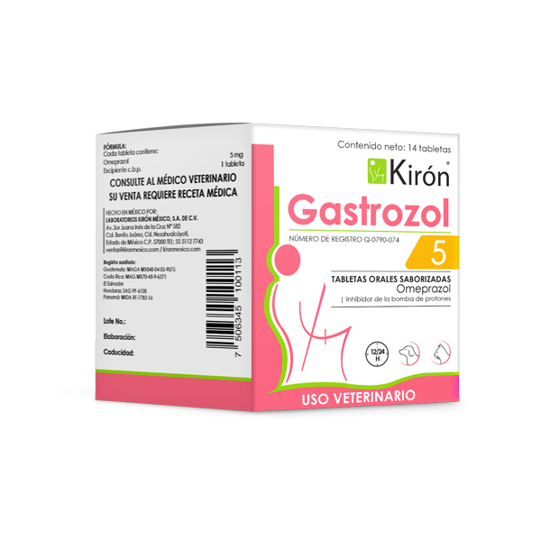 Gastrozol 5 - Pet Stomach Relief supplement box showing 14 flavored omeprazole tablets for dogs and cats. Vet-approved for digestive issues.