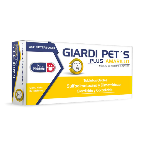 Giardi Pet'S Plus Yellow pet supplement box for parasite protection in dogs and cats. Broad spectrum treatment for giardiasis and coccidiosis.