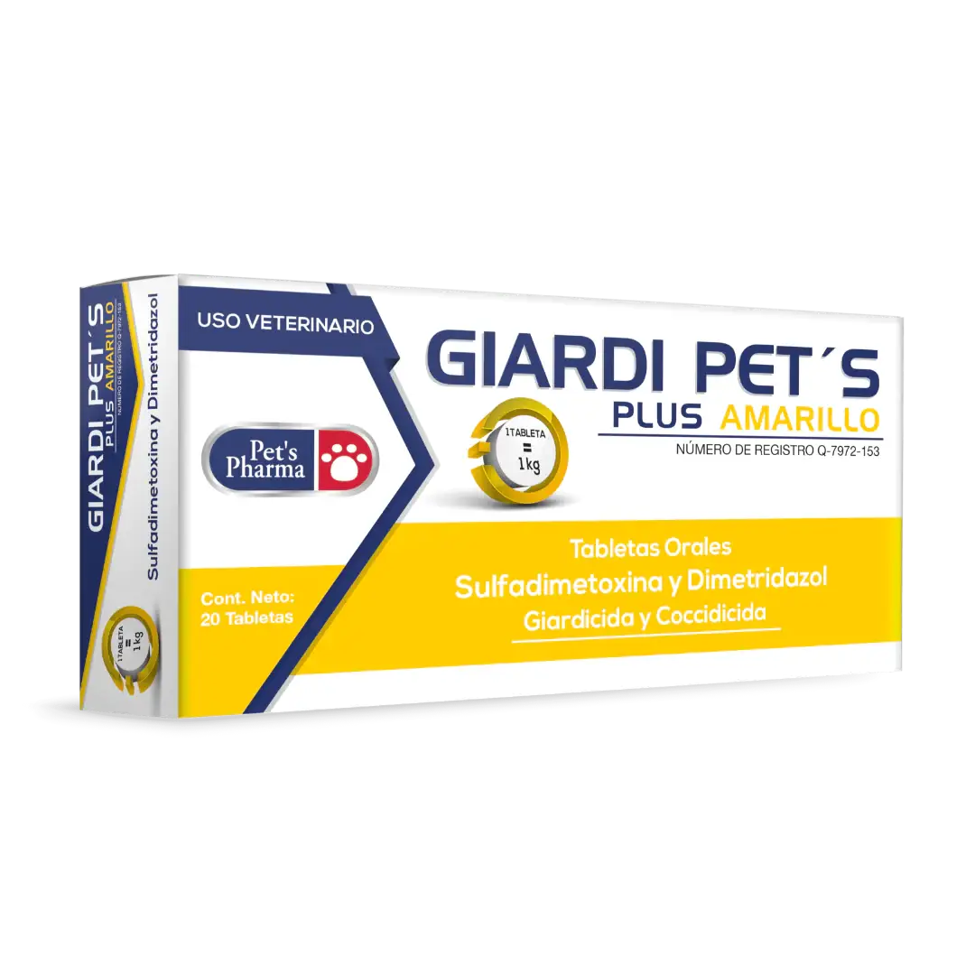 Giardi Pet'S Plus Yellow oral tablets with sulfadimethoxine and dimetridazole. Veterinary use for treating pet gastrointestinal issues and diarrhea.