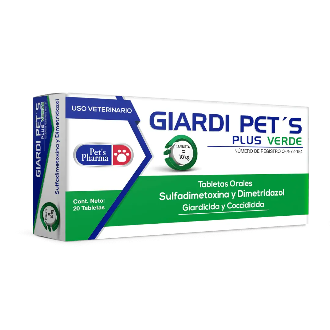 Giardi Pet's Plus Green veterinary tablets with sulfadimethoxine and dimetridazole for dog and cat gastrointestinal parasite relief.