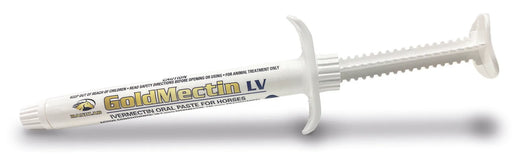 Goldmectin LV antiparasitic oral paste for horses in a white syringe applicator, used for treating internal and external parasites in equines.