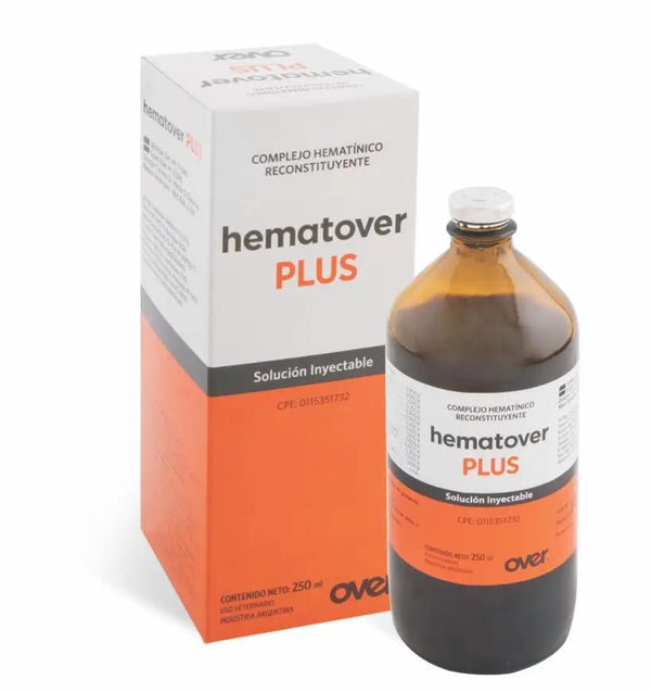 HEMATOVER PLUS hematinic injection for animals in 250ml bottle with box, supports RBC production and recovery in camels, horses, and pets.