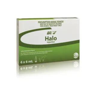 HALO IV Injection for camels and horses, 6x6ml pack, innovative joint pain supplement in green and white packaging for animal treatment.