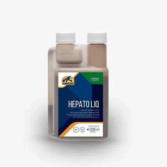 Cavalor HEPATO LIQ 250ml bottle, natural liver support supplement for horses, promotes liver function with herbal ingredients.