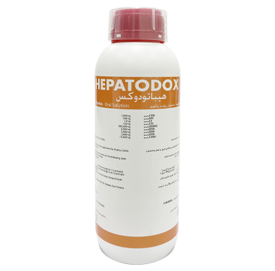 HEPATODOX nutritional supplement for liver support in animals like camels, horses, and cattle. Oral solution bottle with bilingual labeling.