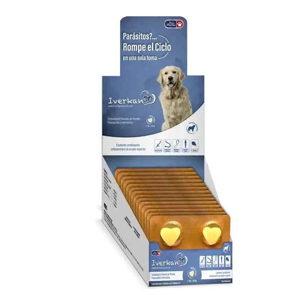 Iverkan 30 - Dog Parasite Protection supplement display box with chewable tablets for deworming and flea control. Suitable for dogs 6+ weeks old.