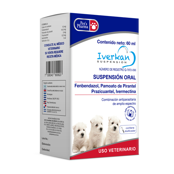 Iverkan oral suspension for dogs and cats by Pets Pharma, 60 ml antiparasitic with Fenbendazol, Pamoate, Praziquantel, and Ivermectin.