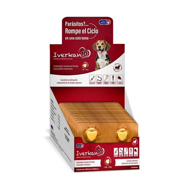Iverkan 10 Exhibidor - Dog Parasite Dewormer display box with multiple oral doses for internal and external parasite control in dogs.