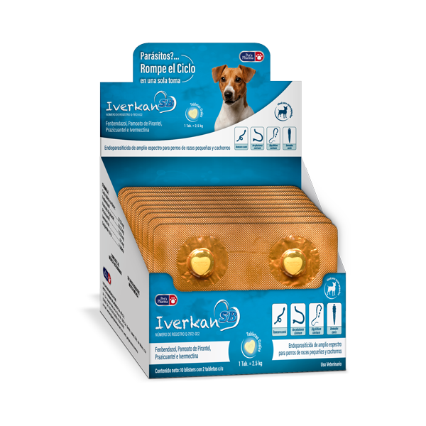 Iverkan SB pet supplement box for dogs, offering comprehensive parasite protection with deworming tablets. Safe for puppies over six weeks.