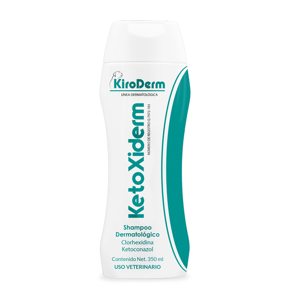 Ketoxiderm veterinary shampoo for pets with skin infections, 350 ml bottle. Combines chlorhexidine and ketoconazole for effective fungal and bacterial relief.