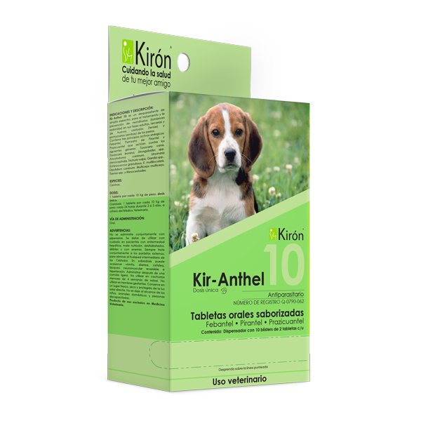 Kir-Anthel 10 oral dewormer for dogs in green packaging with a beagle image, treats roundworms, tapeworms, and giardia in pets up to 10 kg.